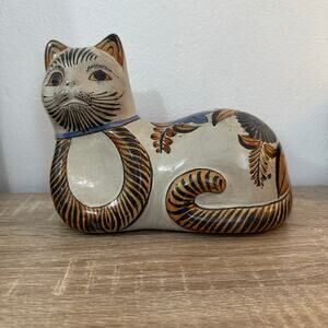Vintage Folk Art Tonala Cat Figurine Hand Painted Mexico Pottery‎ Brown Blue Tan